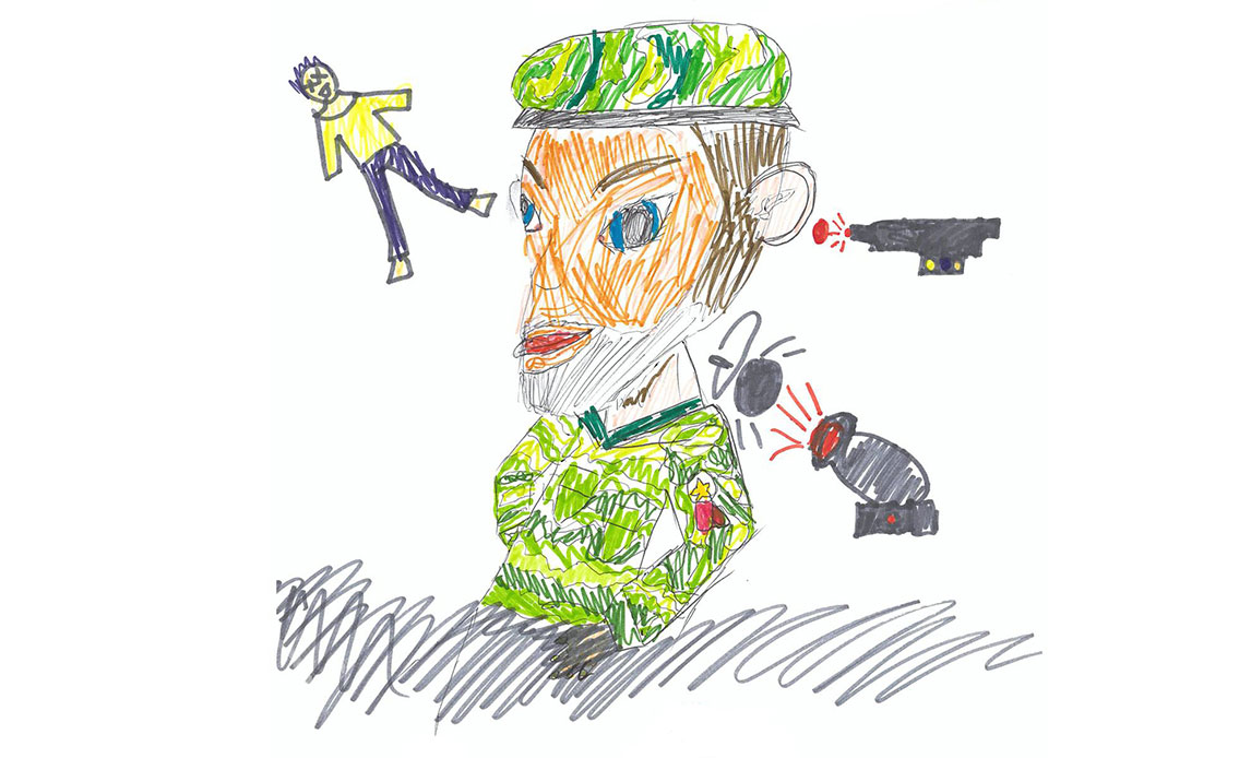 Børnetegning med tusch af en skægget soldat med staffage af gevær, et menneske med krydser i øjnene og bombe.