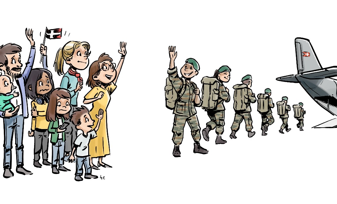 Tegneserie hvor veteranfamilier tager afsked i lufthavnen og vinker til deres mor eller far, der skal udsendes med Forsvaret.